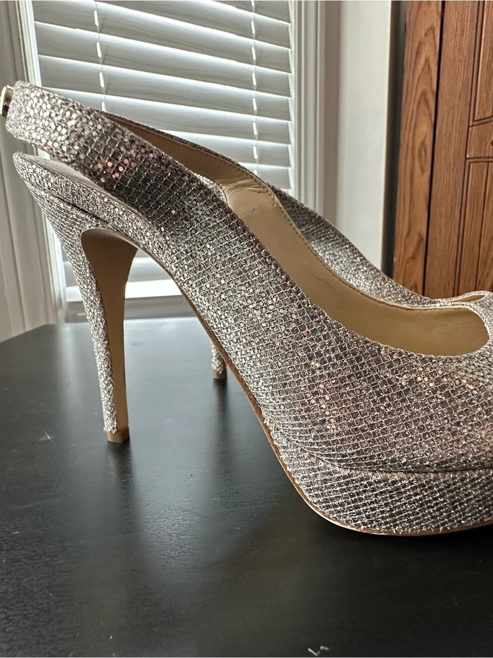 Michael Kors Glitter Peep-Toe Slingback Heels in Silver